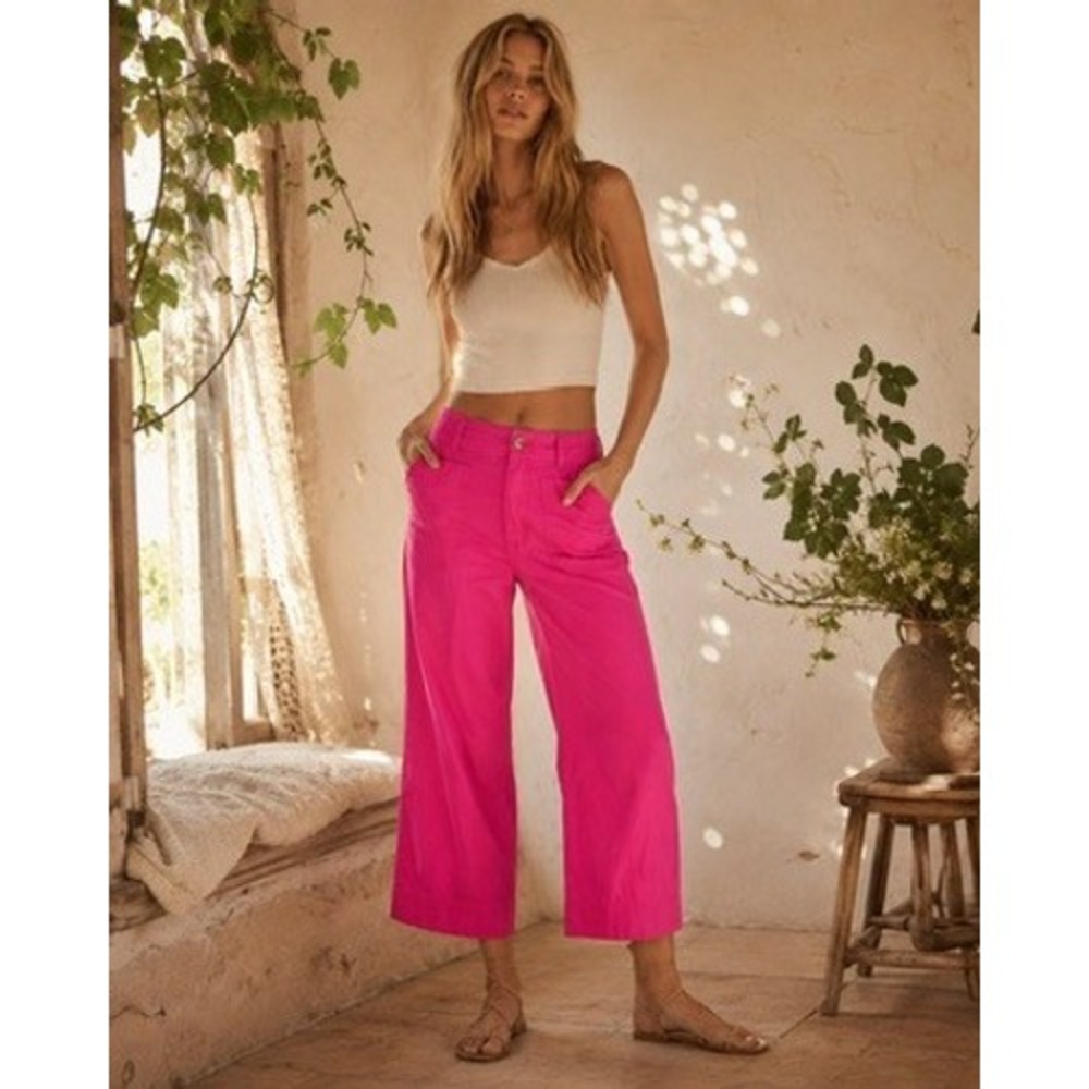 Maeve Anthropologie The Colette Pink Linen Blend Wide Leg Crop Pants Size 29